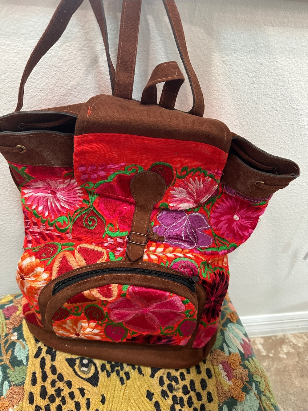 Hand-Embroidered Floral Tote Backpack — Red & Brown